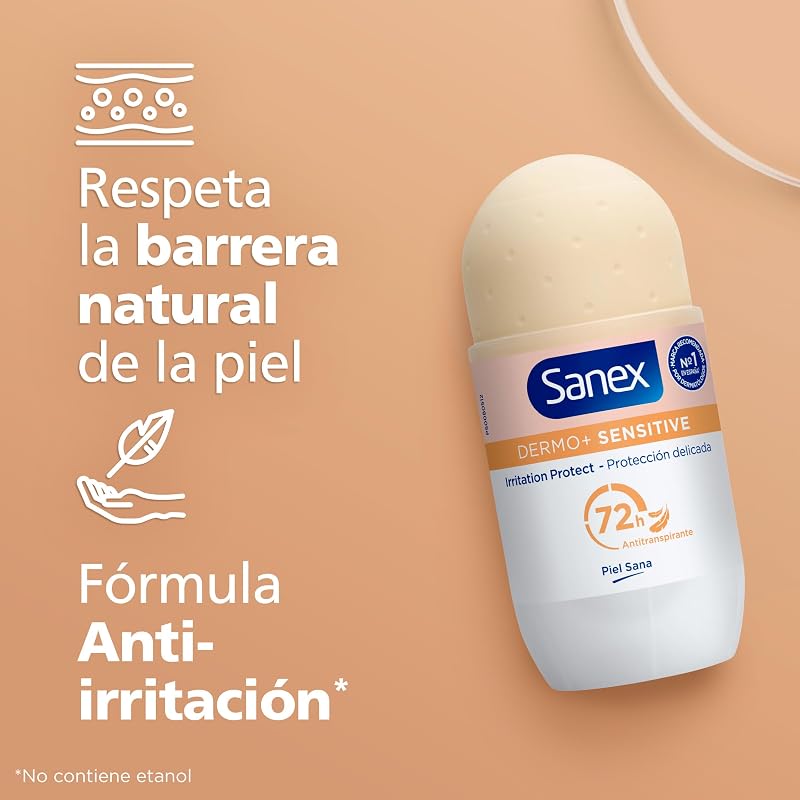 Dermo+ Sensitive Desodorante Antitranspirante Roll-On 72 Horas Pack 6 x 50ml - Protección eficaz contra el sudor y el mal olor – Dermatológicamente testado – 0% alcohol* - Para piel sensible