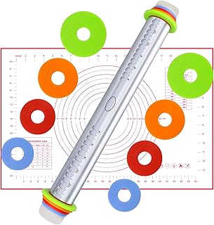 Teigroller mit Silikonmatte, Nudelholz Edelstahl, Teigrolle Einstellbar mit Distanz-Scheiben in 4 Größen, 44 cm für Backen Fondant, Pastry Dough