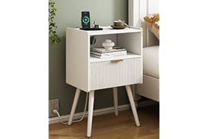 JOONEE White Nightstand with Outlet,Modern Bedside Table with Storage Drawer and Open Wood Shelf, for Living Room, Bedroom and Small Spaces, Accent Night Stand with Solid Wood Legs, Easy Assembly