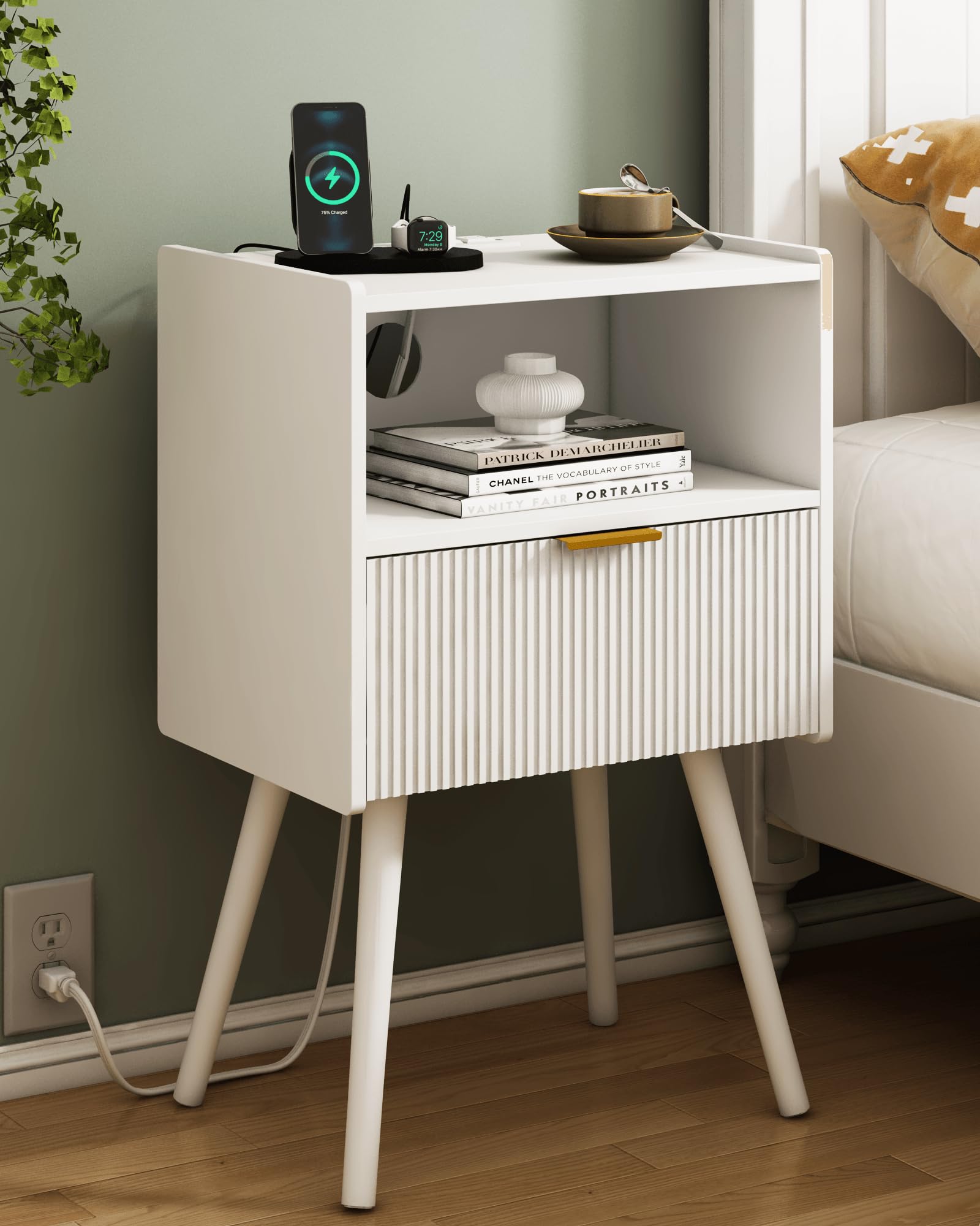 Photo 1 of JOONEE White Nightstand with Outlet,Modern Bedside Table with Storage Drawer and Open Wood Shelf, for Living Room, Bedroom and Small Spaces, Accent Night Stand with Solid Wood Legs, Easy Assembly