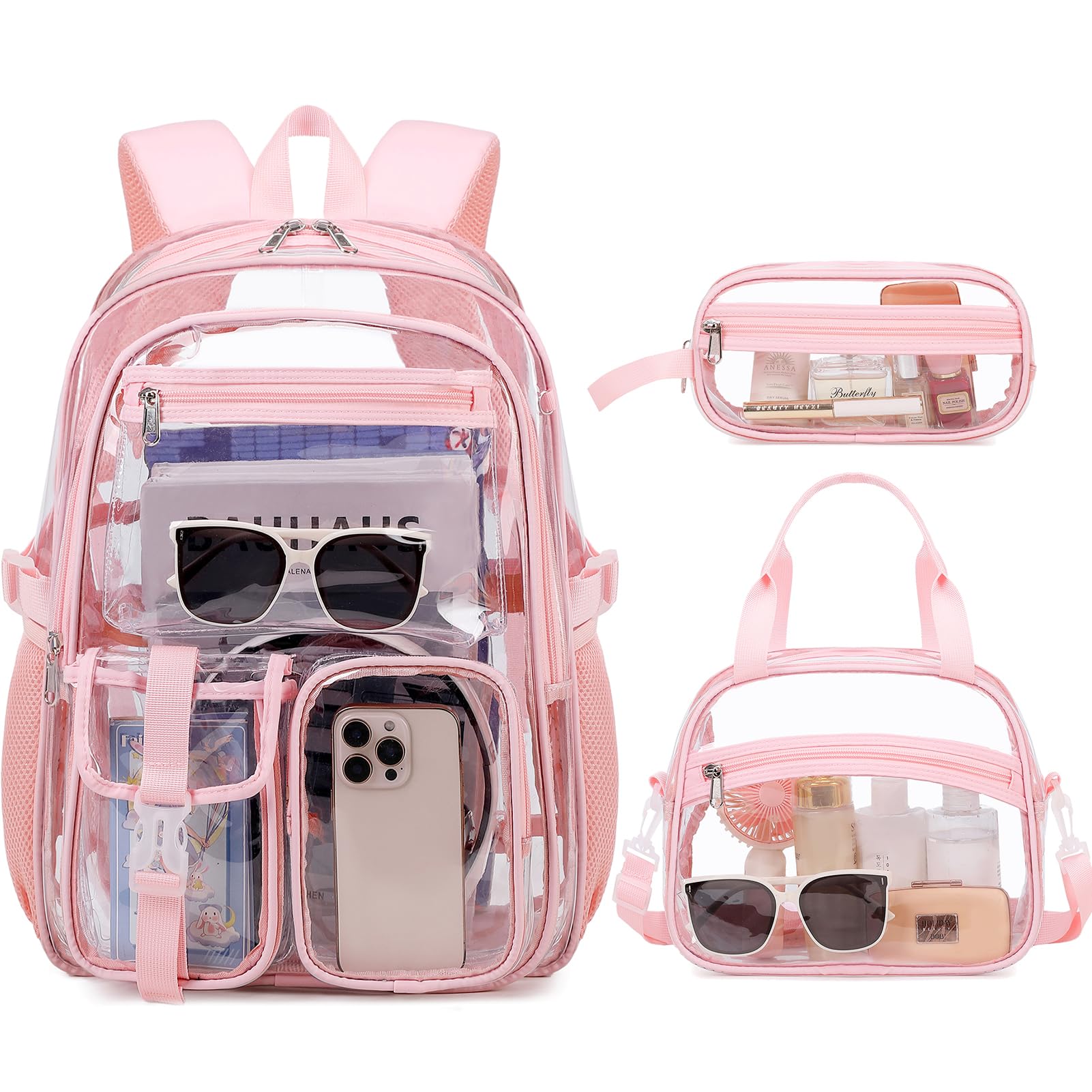 Photo 1 of Scothen Clear Backpack for Girls, 3PCS PVC Transparent Girls School Bookbag Heavy Duty Stadium Approved, See Through Backpack Schoolbag for Kindergarten Elementary Middle School Travel
