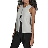 BCBG Women's Sleeveless V-Neck Contrast Ruffle Front Woven Blouse