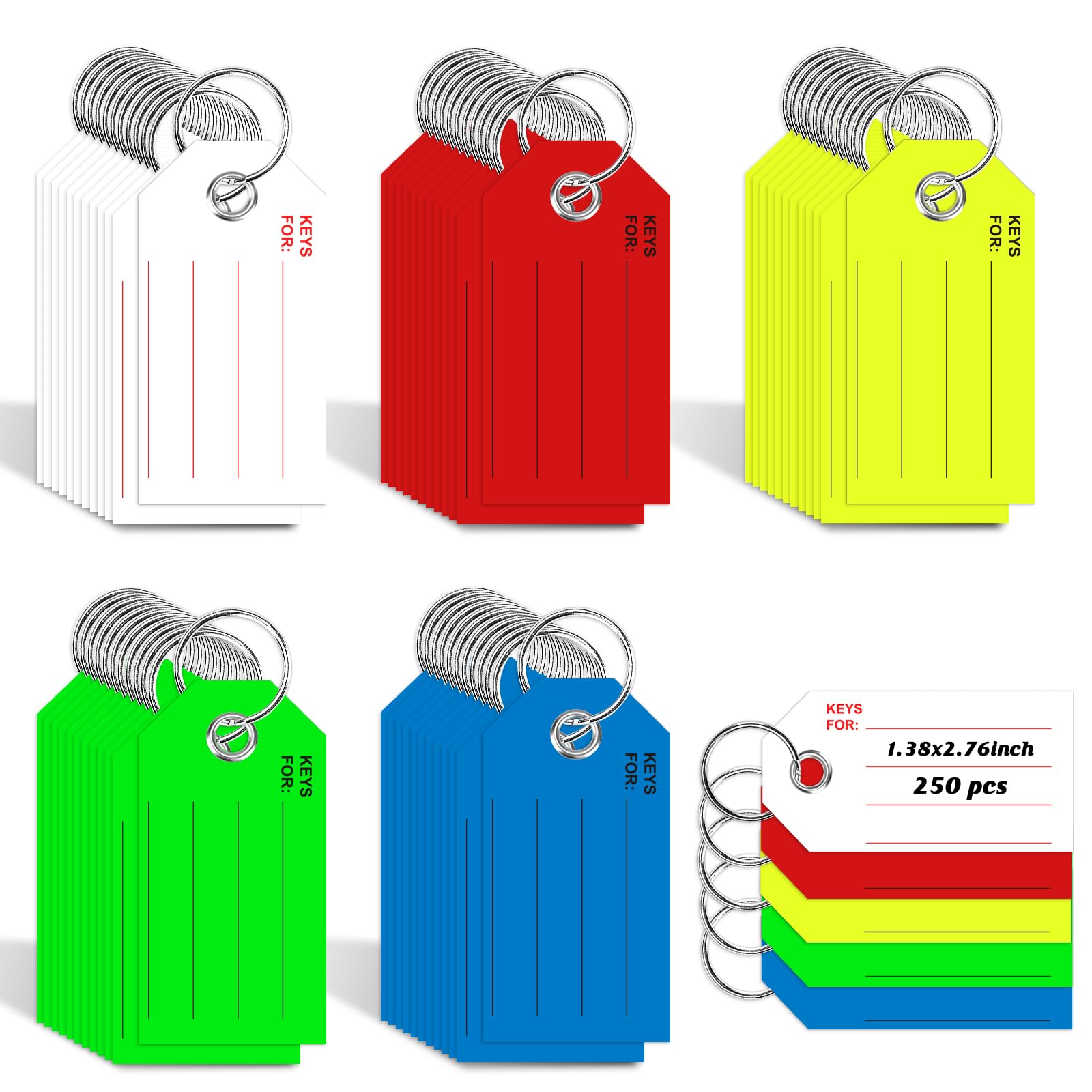 Photo 1 of 250 Pcs Red Key Tags with Labels White Paper Key Tags with Rings 1.3x2.7 inch Key Chain Tags to Write On Bulk Tags Labeling Luggage for Car Markers Door Dealership Name (250, 5 Colors, 1.3x2.7in)