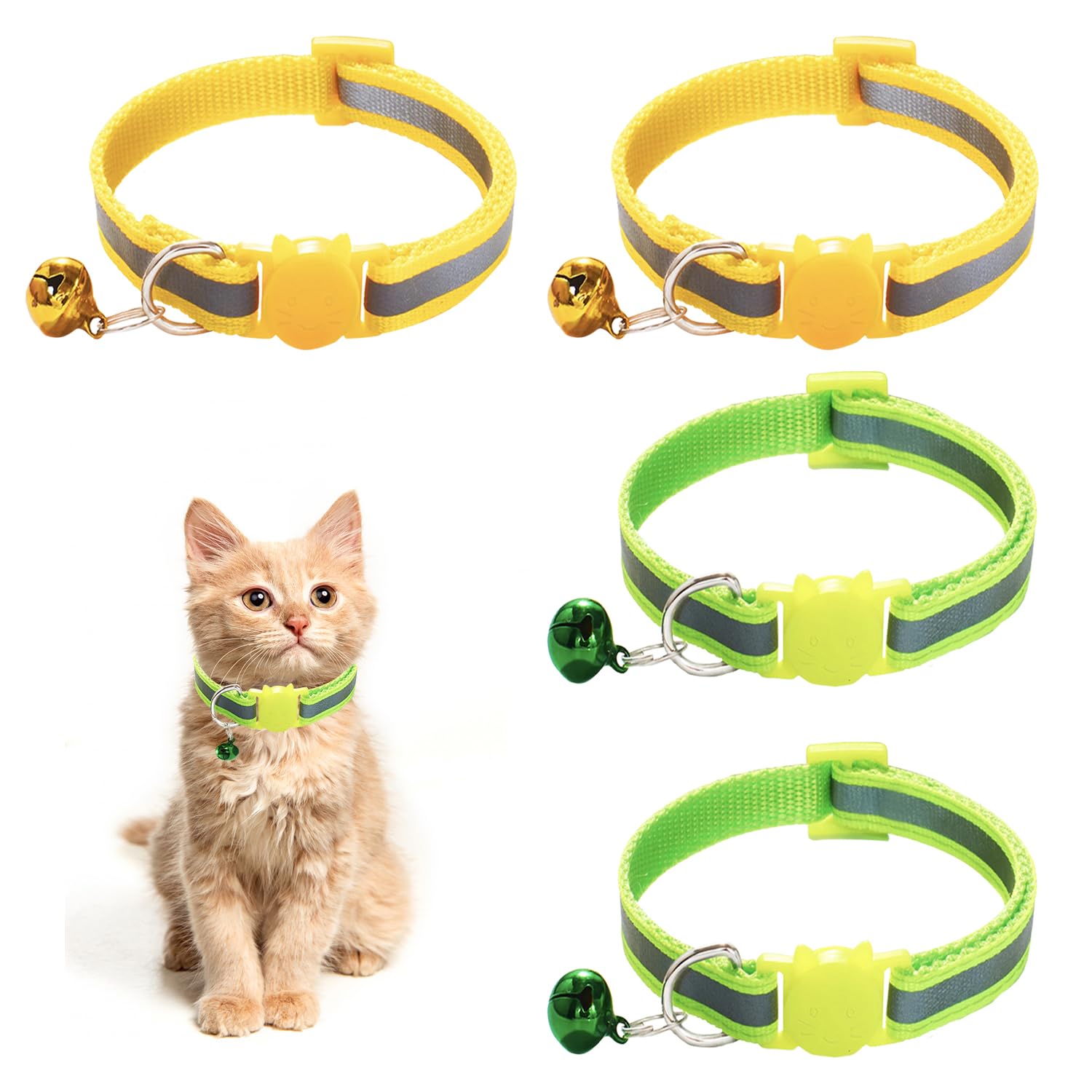 4-Pack Adjustable Pet Collars - Reflective Kitten Neckbands with Safety Bells & Quick-Release Buckles, Soft Breakaway Design for Cats & Small Dogs