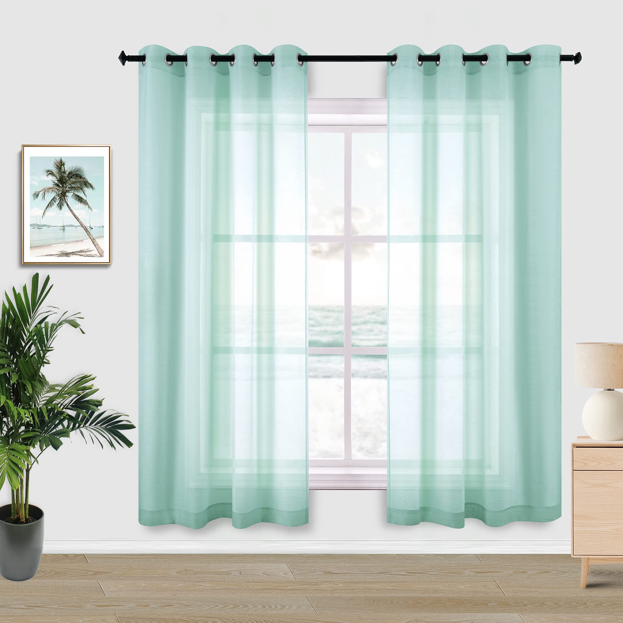 KOUFALL Blue Curtains 72 Inch Length for Living Room Set of 2 Panels Grommet Semi Sheer Transparent Aqua Curtains for Girls Bedroom 52x72 Long