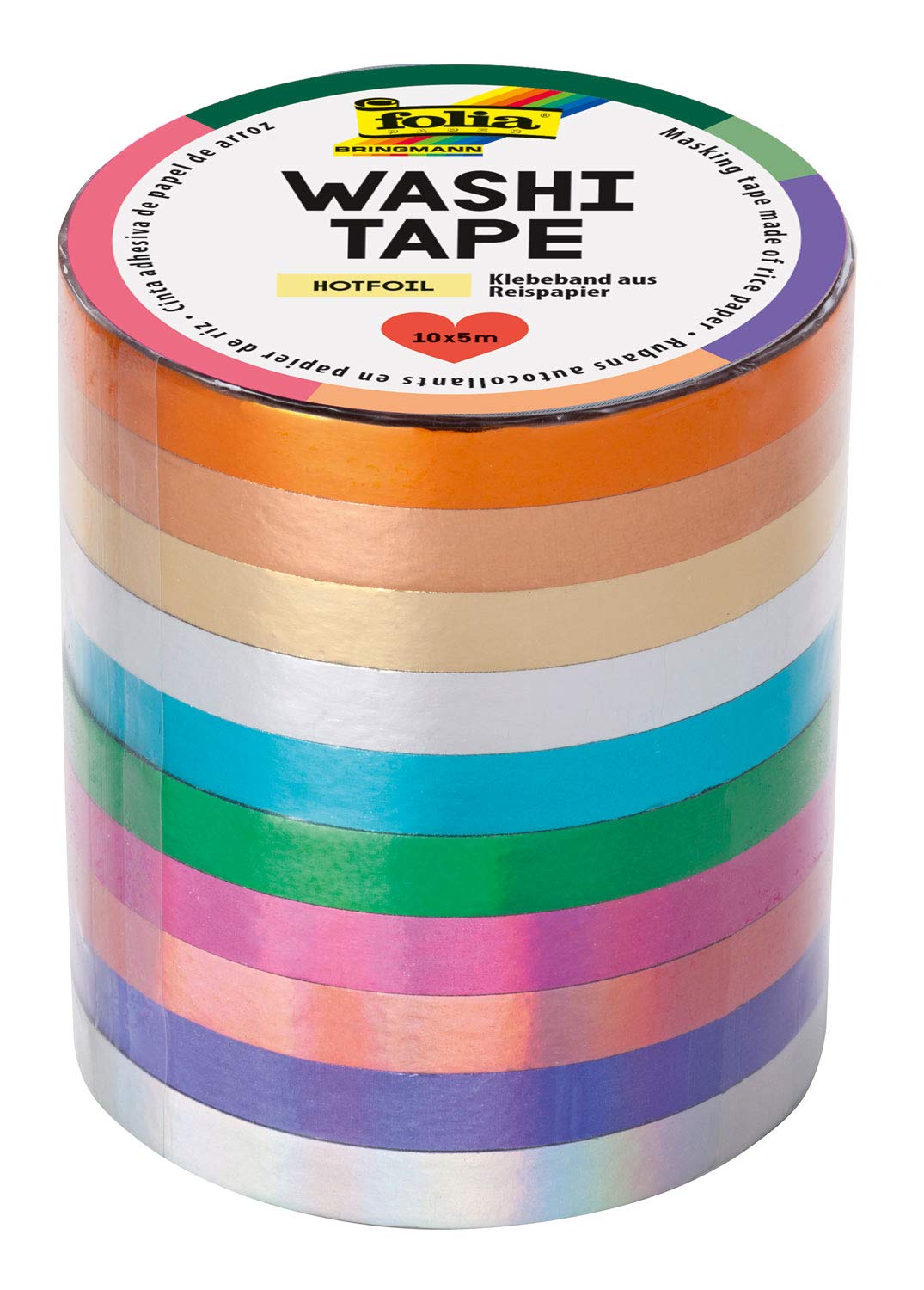 folia 26437 Washi Tape Made of Rice Paper Hotfoil Set of 10 Ideal for Decorating and Decorating