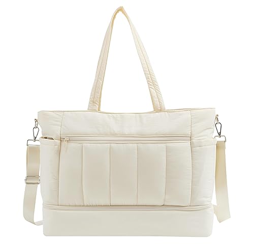 Weekender Bags for Women, Large Capacity Carry On Duffle Bag with Shoe Compartment & Wet Pocket - TSA-Approved Personal Item Bag for Air Travel, Gym, Hospital, Water-Resistant Puffer Tote (Beige)