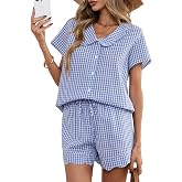 HOTIAN Womens Gingham Pajamas Set Summer Scalloped Collar 2 Piece Shirt&amp;Shorts Lounge Pj Sets Outfits