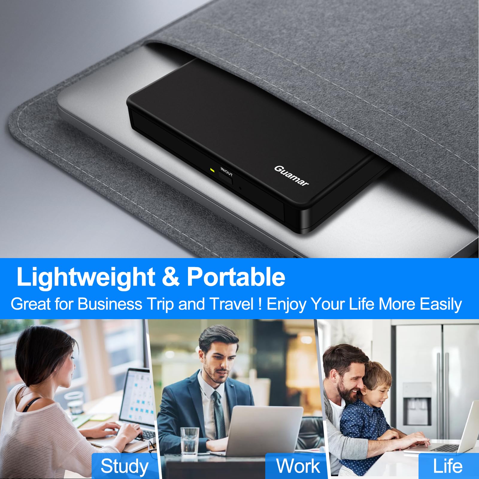 Guamar External DVD Drive USB 3.0 DVD Player for Laptop with 2 USB Ports and 2 TF/SD Card Slots CD Burner for Mac PC Windows Linux(Black)