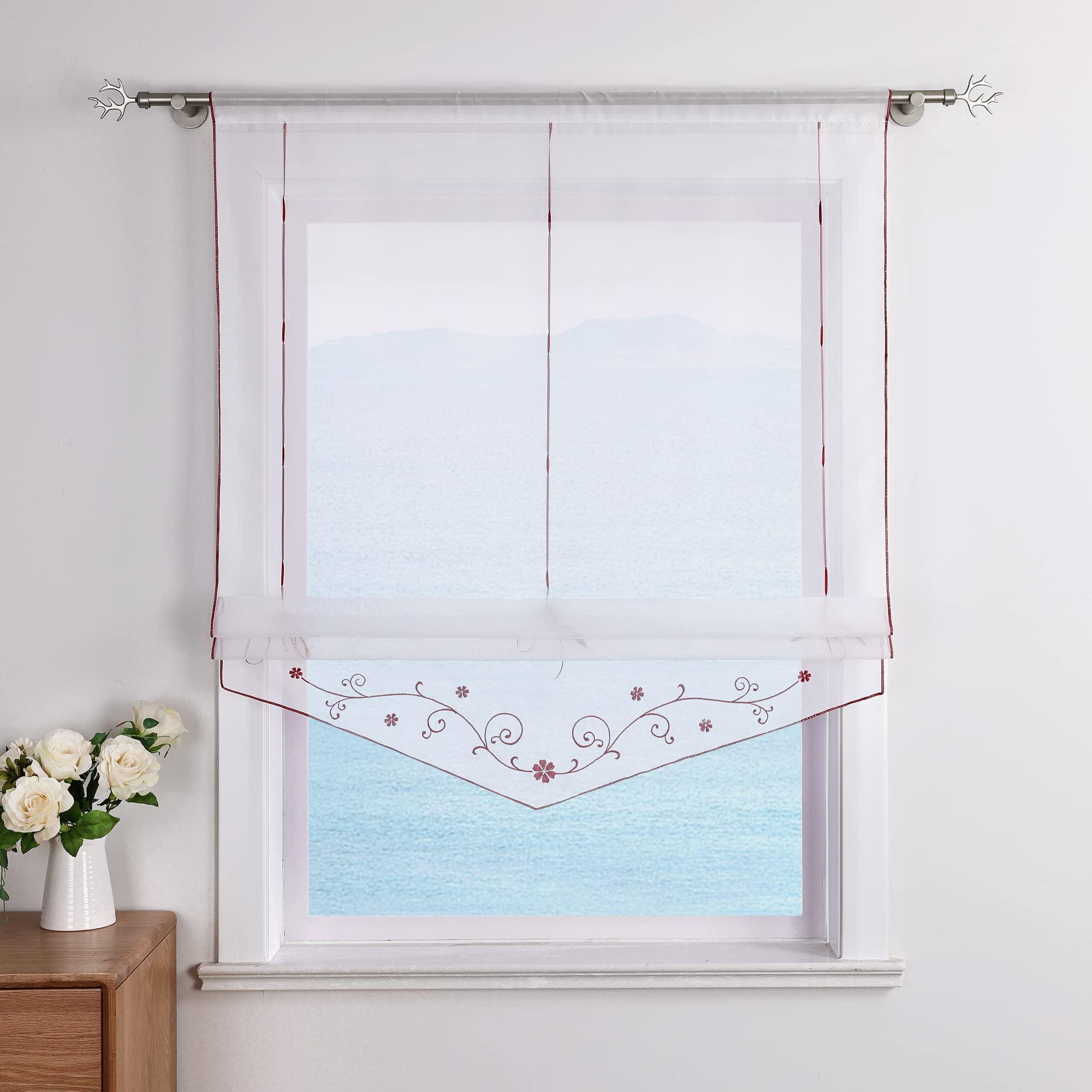 ESLIR Roman Blind with Loops, Kitchen Curtains, Transparent Tab-Top Curtains, Embroidered, Modern Voile Red, W x H 60 x 140 cm, Pack of 1