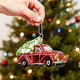 WDS WONDROUS Christmas Pickup Truck Ornament & Decoration, Glass Hanging Car Ornament Set for Xmas Tree Red and Gold Decor Holiday Party Home Gift