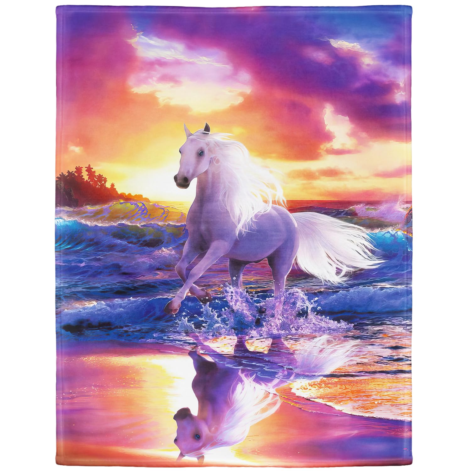 YISUMEI - Cuddly Blanket or Bed Throw in Soft Flannel and Fleece with Colourful Galloping Horse Pattern, 150 x 200 cm, Polyester, White, 150 x 200 cm