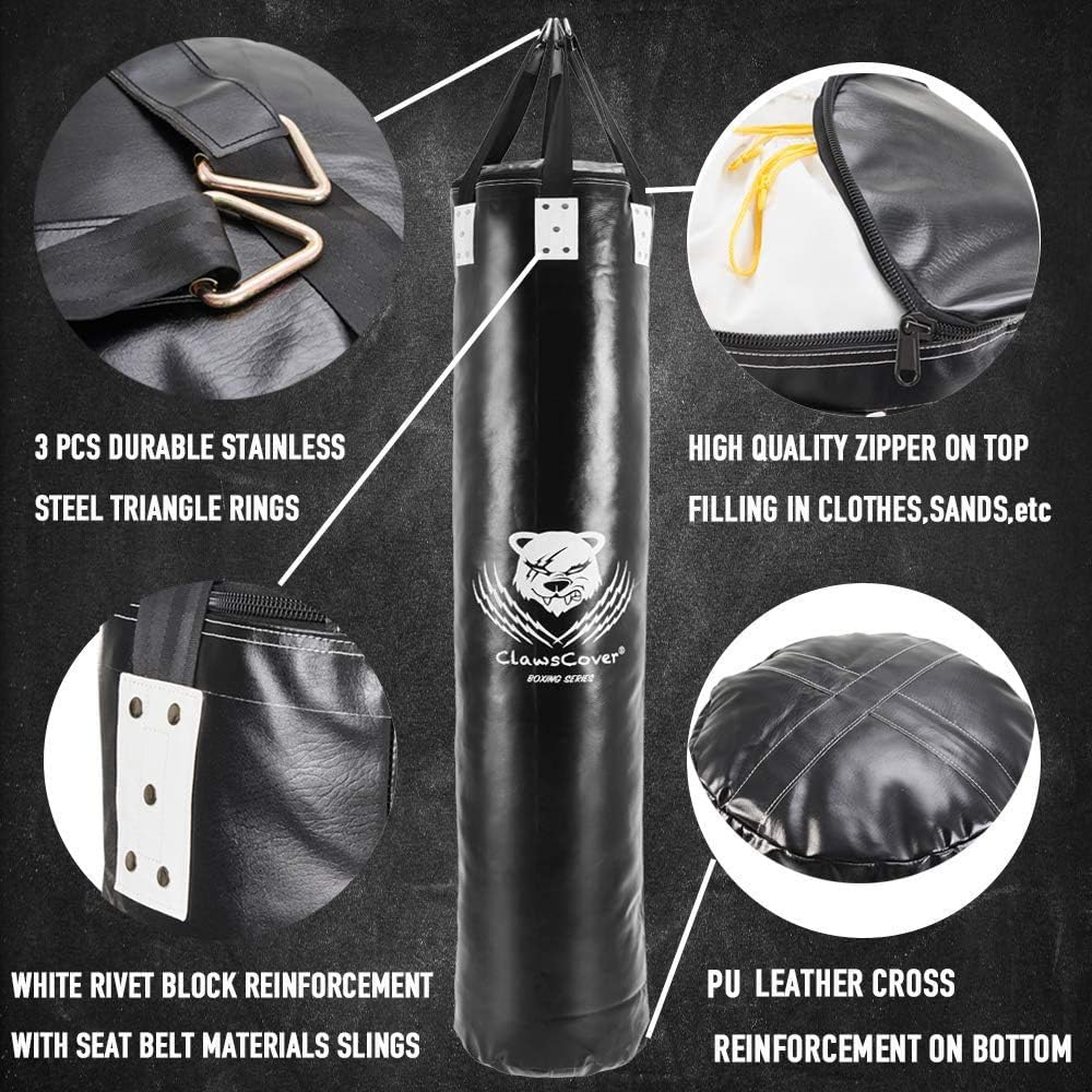 ClawsCover 6FT Heavy Punching Bag Boxing UNFILLED Premium PU Leather Hanging Kickboxing Bags Banana Bag for MMA Muay Thai Martial Arts Taekwondo Workout Training Fitness, Black : Sports & Outdoors