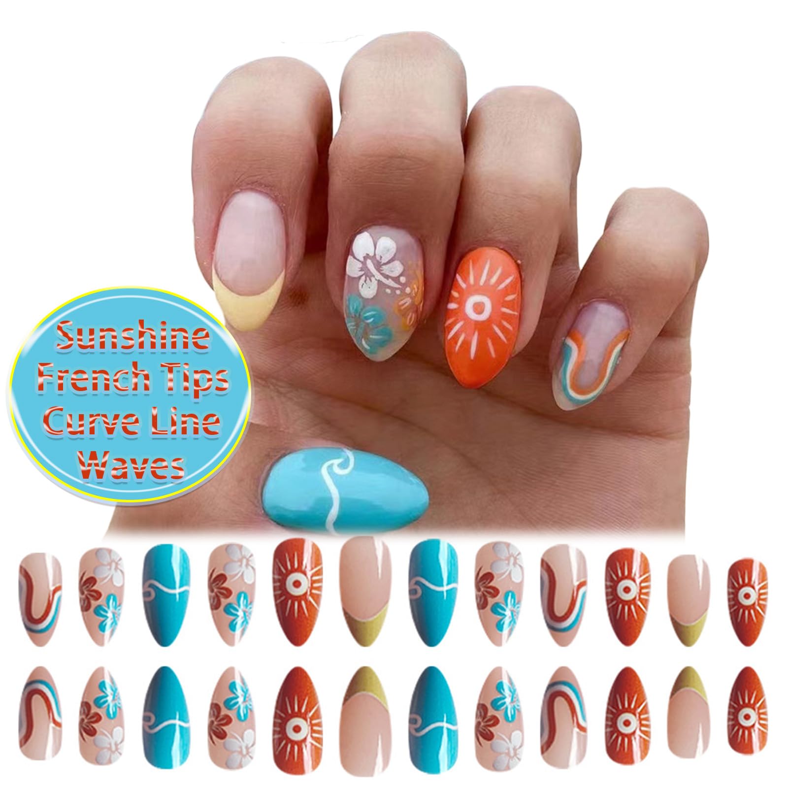 24 Pcs Summer Press on Nails French Tips Medium Almond Acrylic False Nails Sun Stick on Nail Glossy Orange Curve Line Fake Nail Waves Gel Glue on Fingernails for Manicure Art Women Girls - Image 3