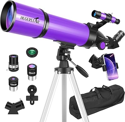 HUGERSTAR Telescope, Telescope for Adults & Kids & Astronomy Beginners, 80mm Aperture 600mm Portable Refractor Telescopes Fully Multi-Coated Optics with AZ Mount Tripod, Phone Adapter and Moon Filter