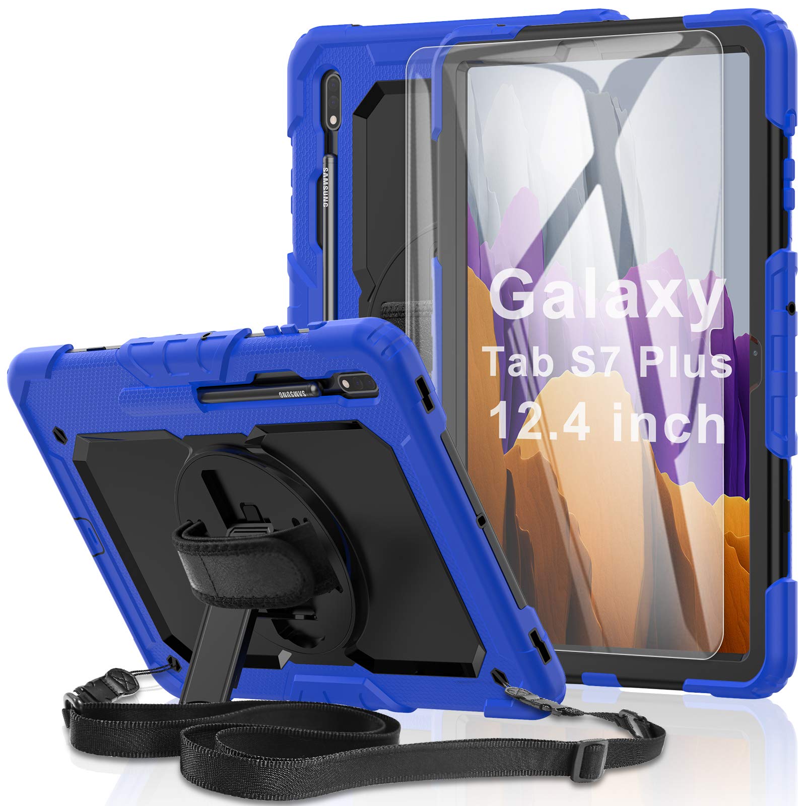 Tablet Case for Samsung Galaxy Tab S8 Plus 2022/S7 FE/S7 Plus 5G 12.4-inch, [360° Rotatable Hand Strap & Kickstand] with Tempered Glass Screen Protector, S Pen Holder, Shoulder Strap (Blue)