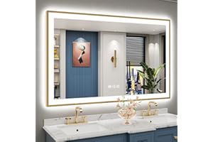 AWANDEE 57x36 Gold Framed LED Bathroom Mirror with Lights, Backlit & Front Lit, Anti-Fog Metal Frame Lighted Vanity Mirror for Bathroom Wall, 3 Colors, Dimmable, Memory, Shatter-Proof Tempered Glass