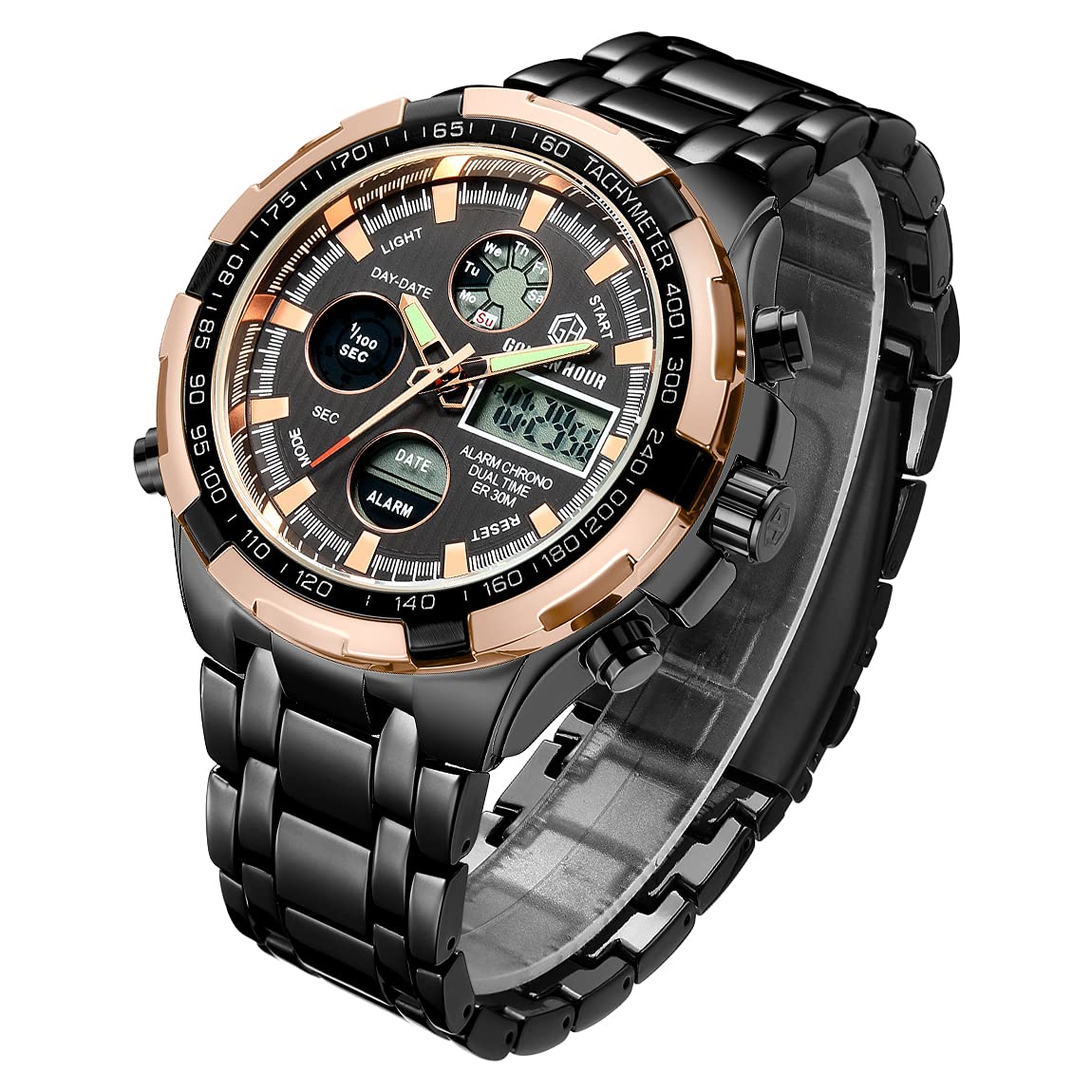 Affute Mens Watches Stainless Steel Sport Chronograph Waterproof Date Alarm Multifunction Analog Digital Wristwatches (Rose Gold Black)
