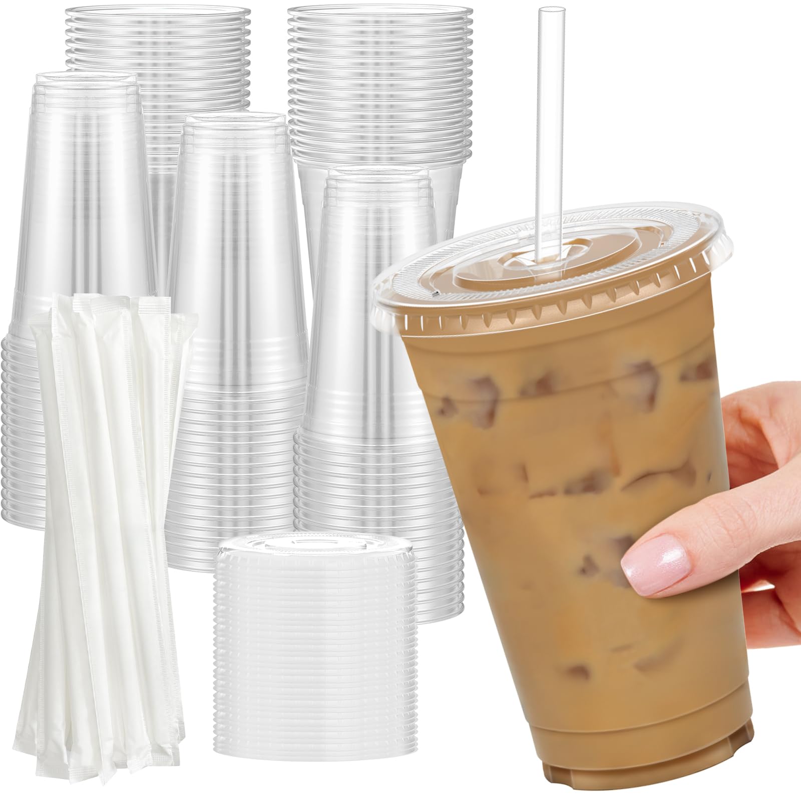 Photo 1 of Dealusy 100 Pack - 24 oz Clear Plastic Cups with Lids and Straws, Sturdy & Food Safe Iced Coffee Cups with lids, Disposable Plastic Smoothie Cups for Cold Drinks