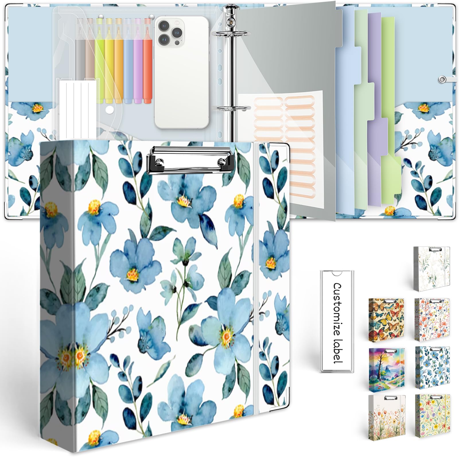 Photo 1 of 2 Inch 3 Ring Binder Organizer, Three Ring Binders with Clipboard, 5-Tabs Pockets Dividers, Plastic Folder, 18 Divider Stikers, KLLVE Decorative Binder with Pen Loop (Blue Flora, Letter Size)