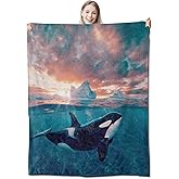 CUEBOS Orca Ocean Flannel Throw Blanket 50x60 Inch, Realistic Killer Whale Underwater with Iceberg and Sunset Sky Blankets Soft Cozy Fleece Throws for Marine Lover Bed Sofa Living Room Decor Gifts