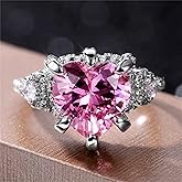 925 Sterling Silver Shiny Full Diamond Heart-Shaped Pink Gemstone Ring Cubic Zirconia Rings CZ Diamond Ring Eternity Engagement Wedding Band Ring for Women (US Code 9)