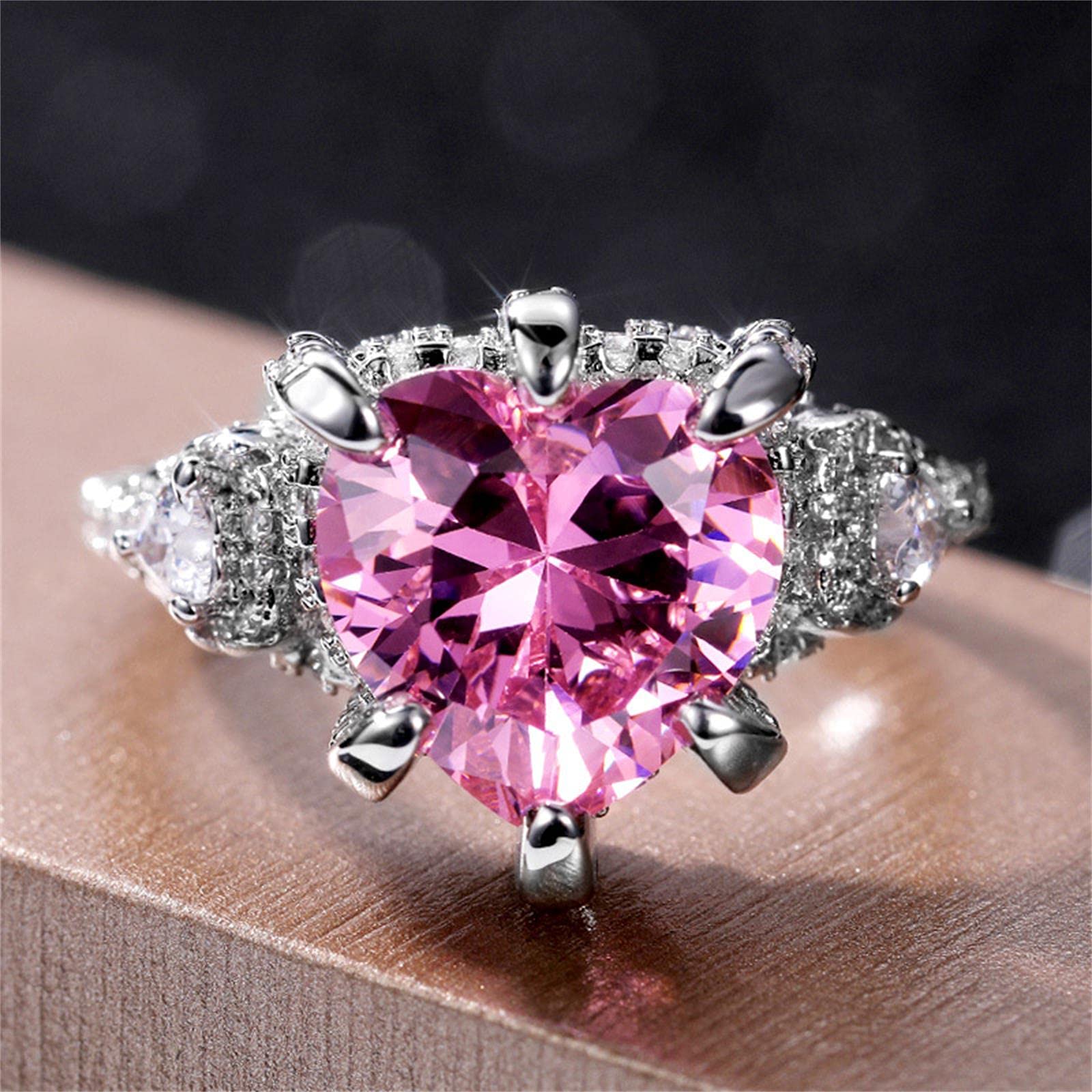 Photo 1 of 925 Sterling Silver Shiny Full Diamond Heart-Shaped Pink Gemstone Ring Cubic Zirconia Rings CZ Diamond Ring Eternity Engagement Wedding Band Ring for Women (US Code 9)