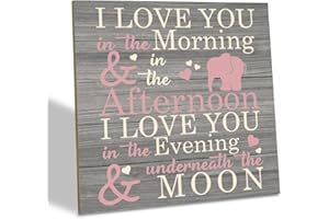 SUSZDOU Love Sign, Wood Plaque Table Art Sign 6.2 * 6.2inch, Elephant Wood Sign for Nursery, Decoration for Baby Girls Room, Daughter's Room Decor, I Love You in the Morning Afternoon Evening & Moon
