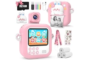 Skirfy Instant Print Camera, 1080P Kids Digital Camera for Toddler with Glowing Stickers & 32GB Card, Birthday Gifts for Girl