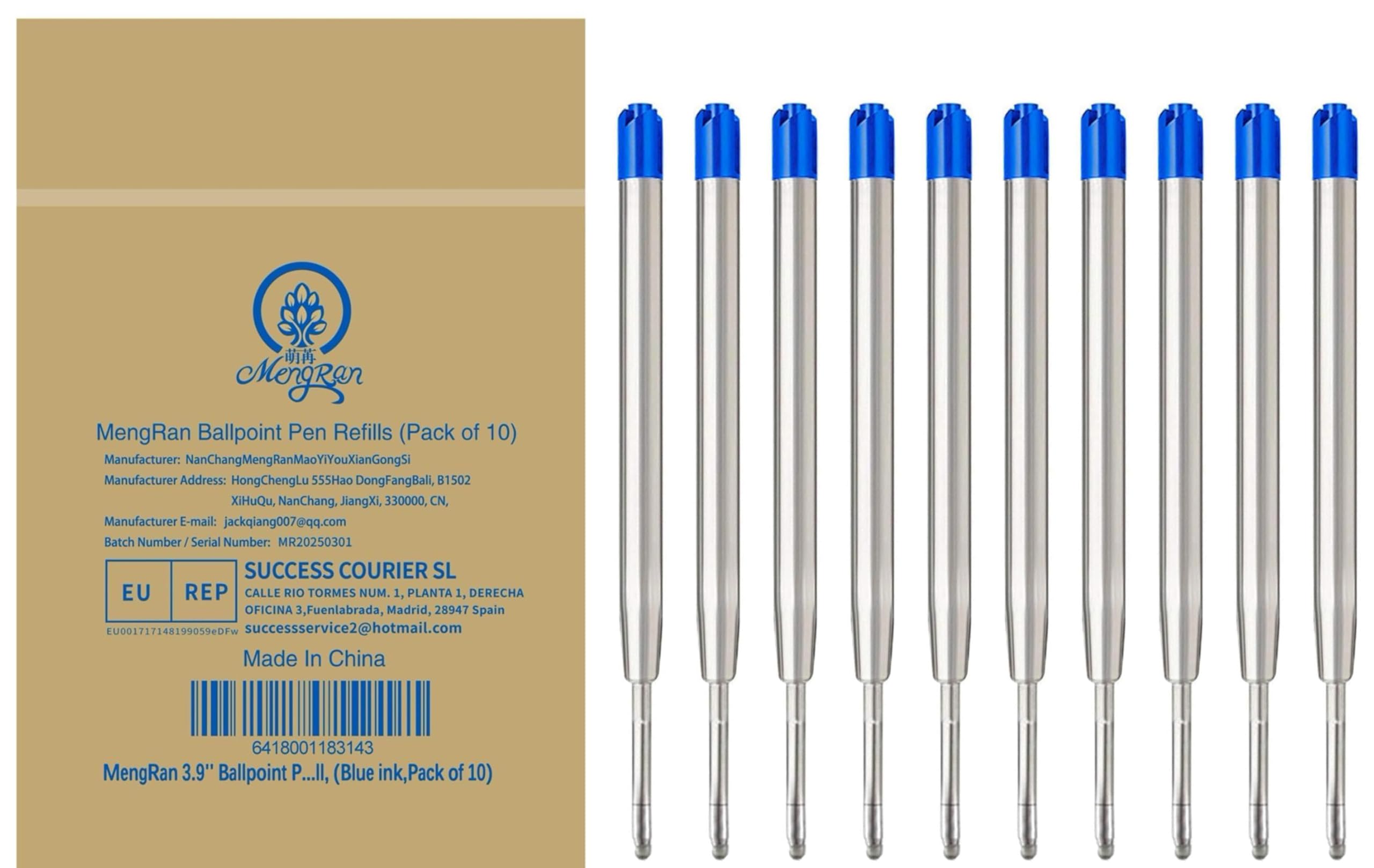 MengRan 3.9'' Ballpoint Ink Pen Refills for Click Pens,1 mm Medium Tip,Compatible with Parker Pen Refill (Pack of 10) (Blue Ink)