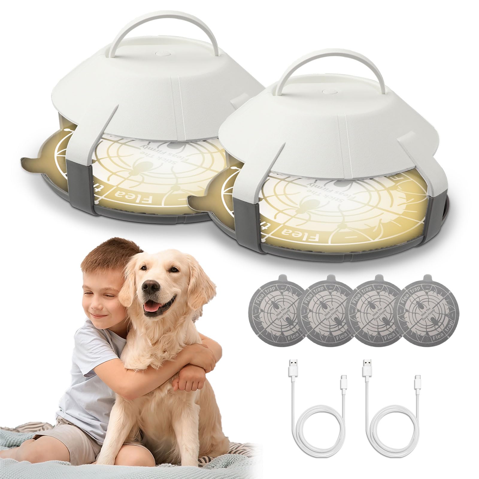 2 Set Flea Light Traps, USB Charging, Odourless and Non-Toxic, Natural Flea Killer for Carpets, Beds, Sofas, Pet Family Trap Treatment