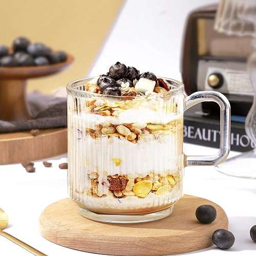 Rechano [4 Pack, 12 oz] Glass Coffee Mugs with Lids and Spoon, Ribbed  Drinking Glass, Vertical Stripes Glass Tea Cup, Coffee Bar Accessories,  Iced Coffee Glasses, Ideal for Cappuccino, Latte, Tea in