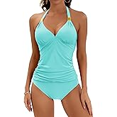 B2prity Halter Tankini Swimsuit for Women Tummy Control Two Piece Bathing Suit V Neck Swimwear with Shorts