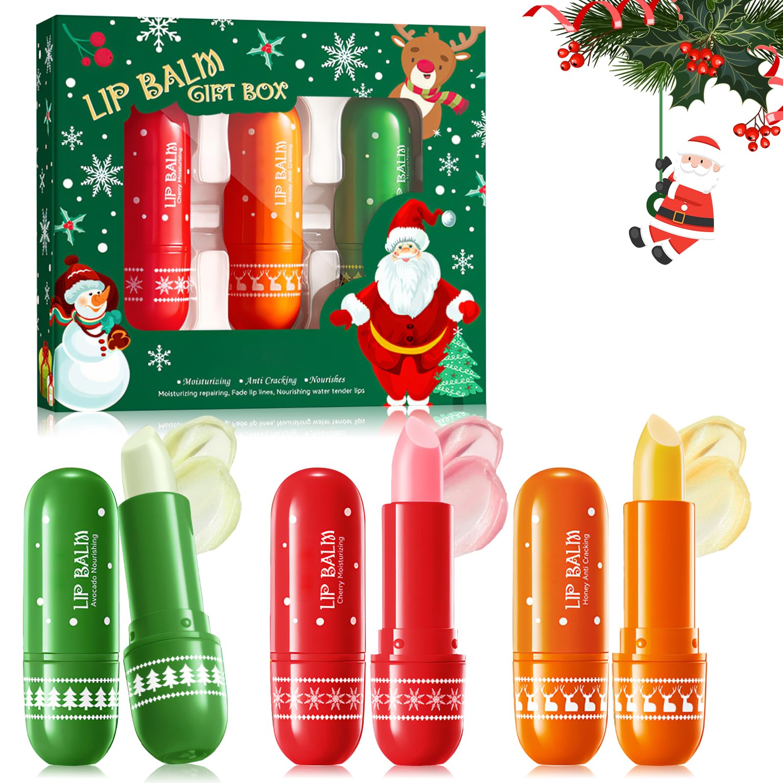 Allony Christmas Lip Balm Set, 3 PCS Lip Balm Christmas, lip balm Gift Sets for Women, Deep Exfoliation, Protect lip Skin, Gift for Friends and Family