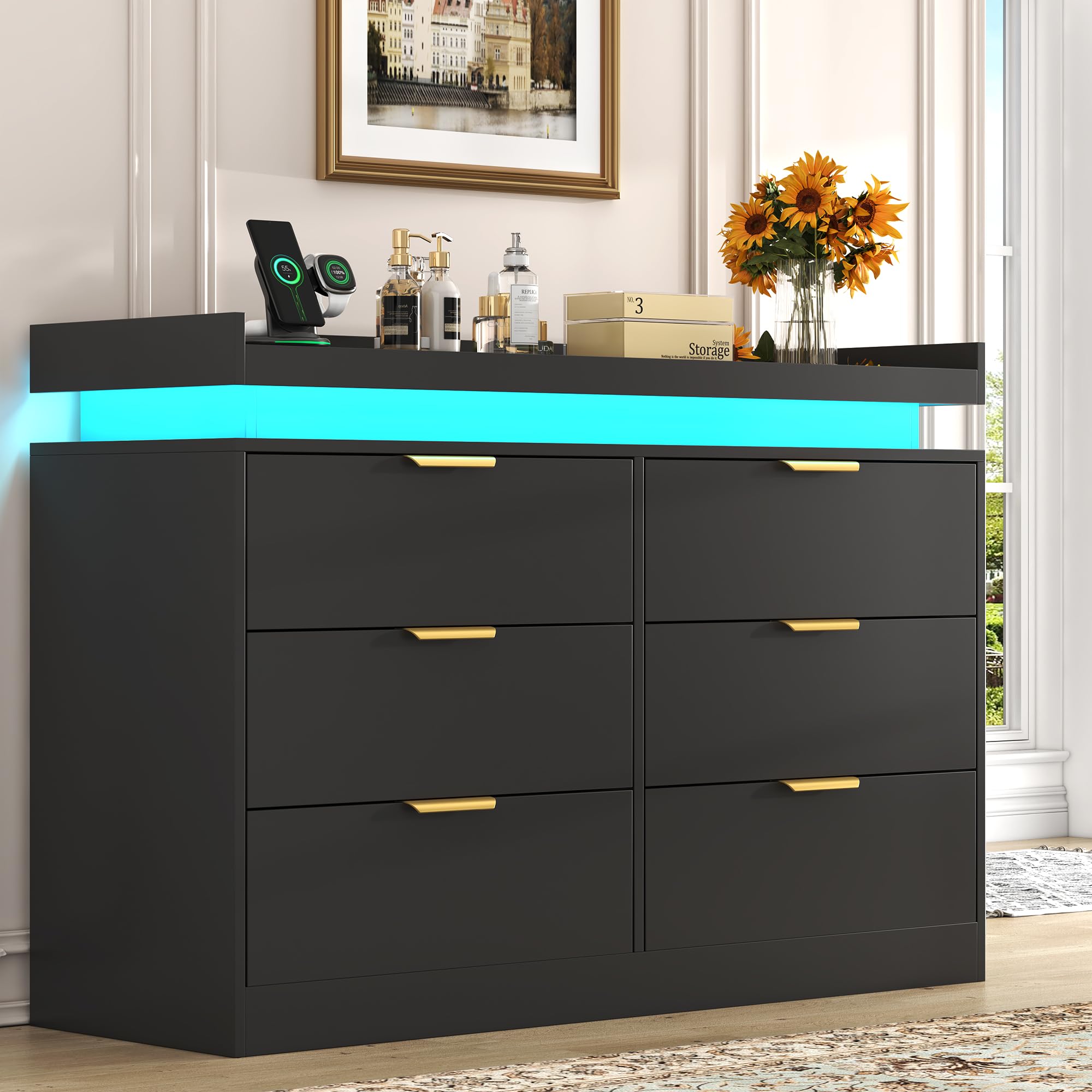 Photo 1 of ***FINAL SALE/NO RETURN, VIEW NOTES*** ***WHITE COLOR***UNIQUITE 6 Drawer Dresser for Bedroom, Black Dresser with LED Lights and Power Outlet, Wooden Dressers Chests of Drawers, Double Wide Dressers for Bedroom, Entryway, HallwayLPNRRGY6127474