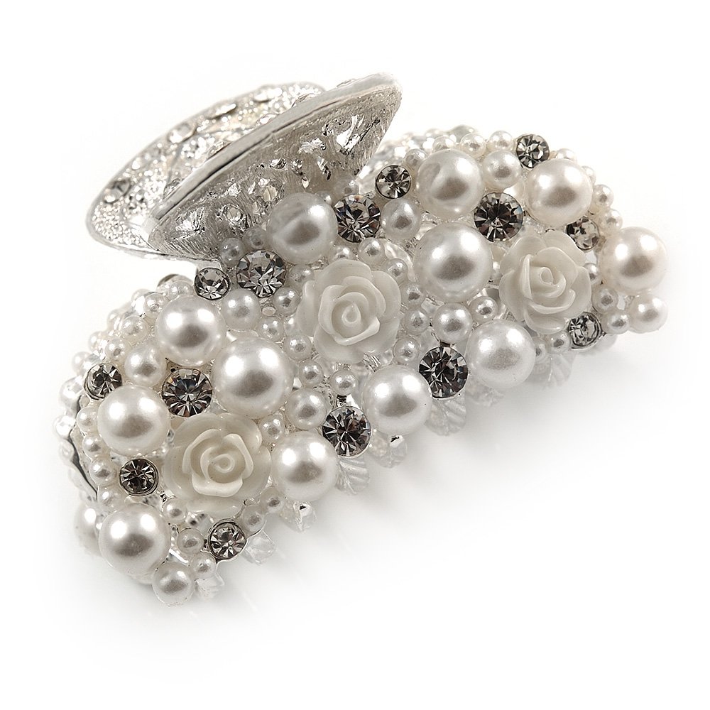 Small Bridal/Prom/Wedding Acrylic Flower, Faux Pearl Bead, Crystal Hair Claw In Silver Tone Metal - 60mm Across