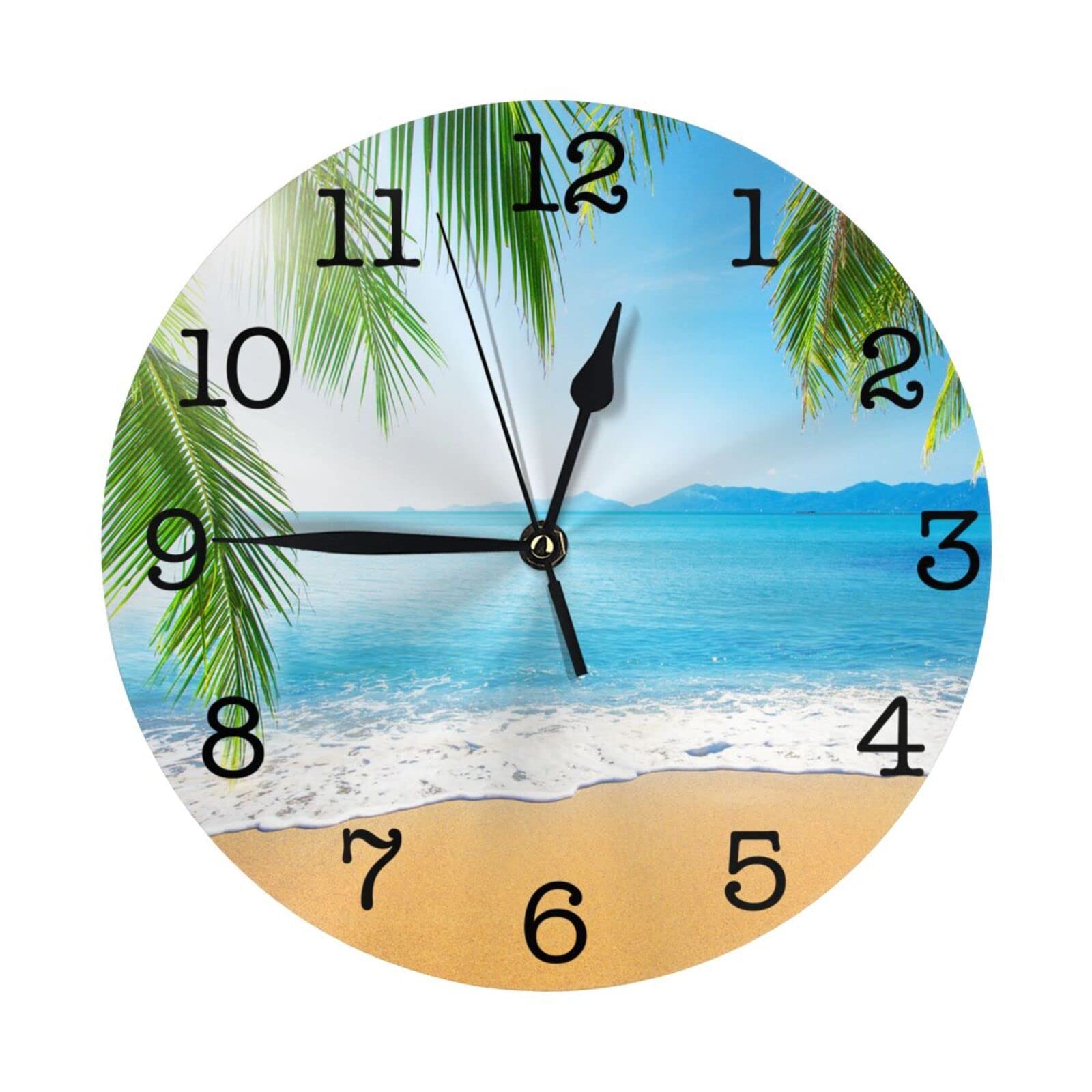 Abucaky Sea Beach with Palm Trees Wall Clock Battery Operated Silent ...
