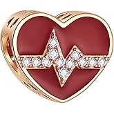 Rose Gold Heartbeat Electrocardiogram CZ Charms, fits Pandora Valentines Bracelet, 925 Sterling Silver Red Enamel I Love You Heart Beating ECG Beads, Gifts for Lover