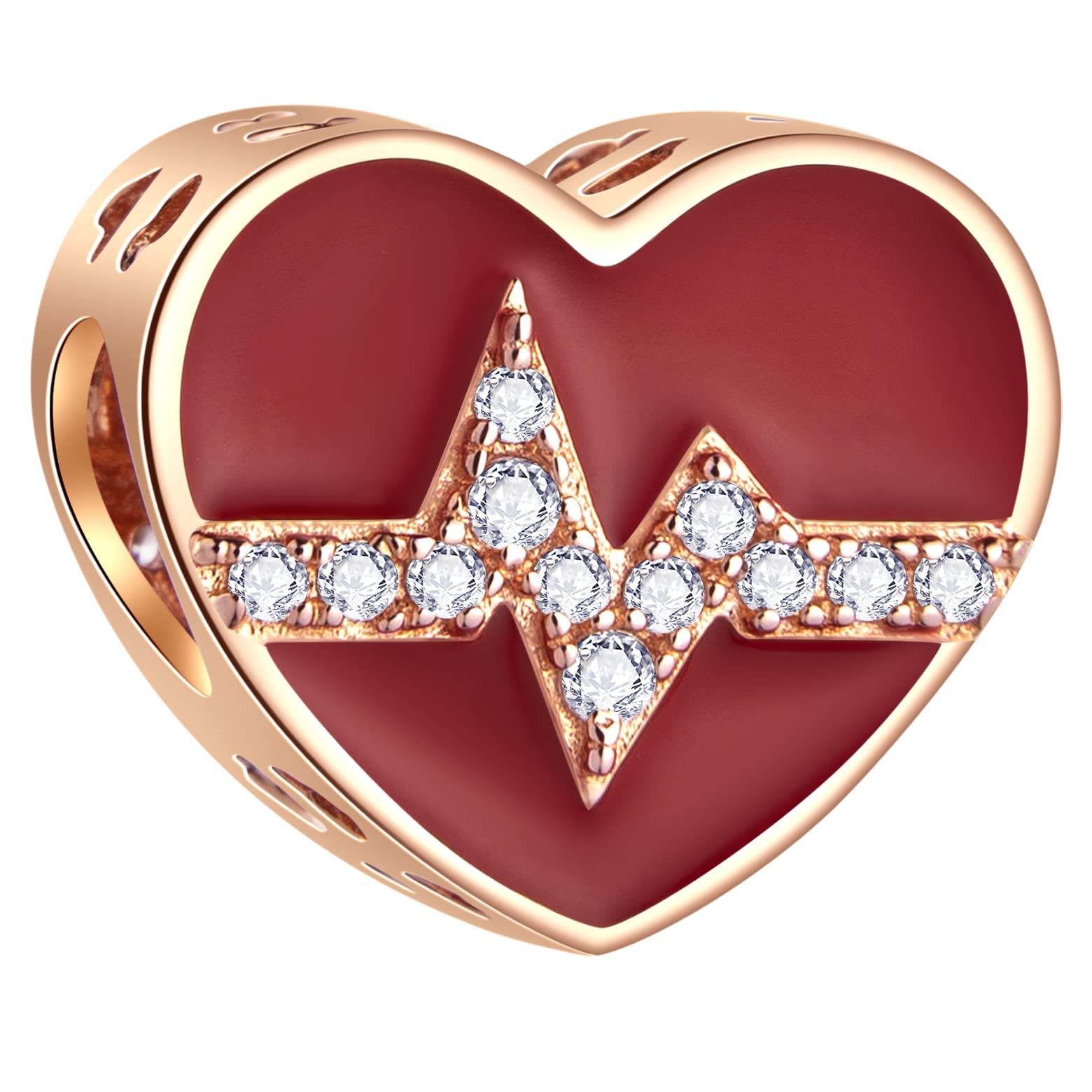 Rose Gold Heartbeat Electrocardiogram CZ Charms, fits Pandora Valentines Day Bracelet, 925 Sterling Silver Red Enamel I Love You Heart Beating ECG Beads, Gifts for Lover/Girl/Boy
