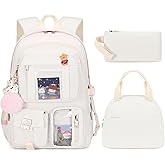 LXYGD Laptop Backpacks 16 Inch School Bag College Backpack 3 PCS with Lunch Box Pencil Pouch Set Large Travel Daypack Kawaii Bookbags for Teens Girls Women Students (Off-white)