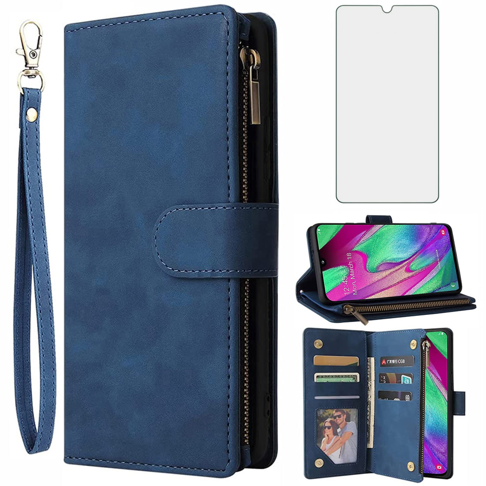 Asuwish Compatible with Samsung Galaxy A50 Wallet Case Tempered Glass Screen Protector and Flip Cover Card Holder Cell Accessories Phone Cases for Glaxay A 50 Gaxaly S50 50A SM A505G Women Men Blue