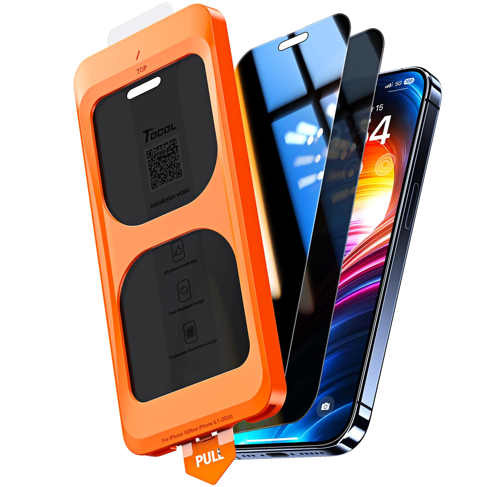 TOCOL 2 Pack for iPhone 15 Privacy Screen Protector 6.1-Inch, True 25°Anti Spy, Instant Installation, 16FT Military Grade Shatterproof, Tempered Glass, Case Friendly, HD Full Coverage Protection — image 1