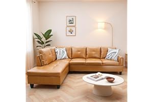 Trygoal Modern L-Shaped Sectional Sofa with Chaise Lounge, 4-Seater Leather Couch with High-Density Foam Cushions, for Living Room, Apartment, Studio, Easy Assembly, Ginger