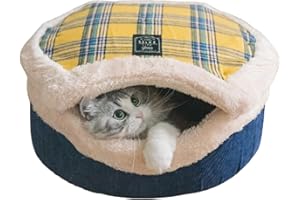 URNAT Cat Cave Bed – Plush, Warm & Calming Hideaway with Detachable Lid & Mat, Covered House for Indoor Kitten & Kitty (Yellow)