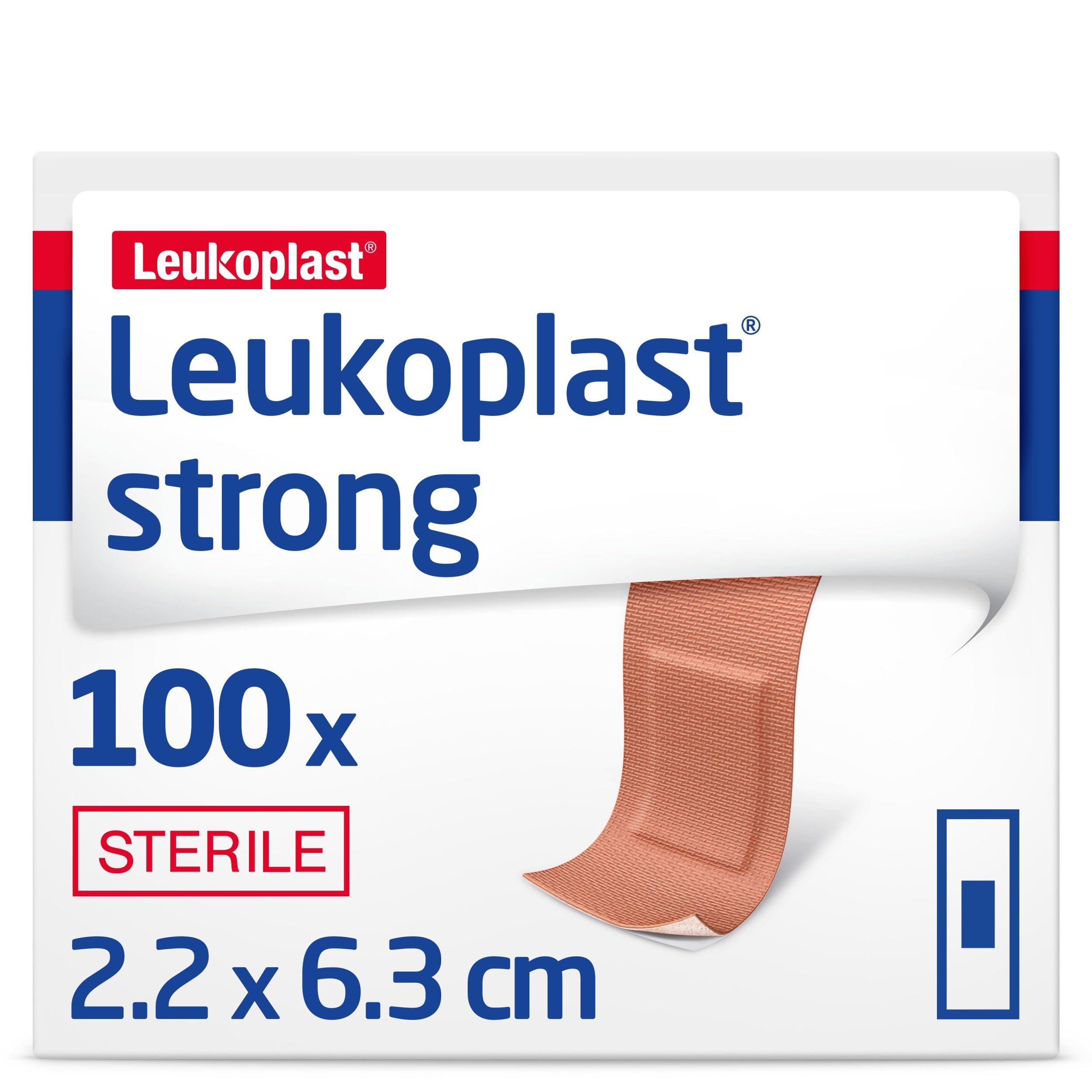 Leukoplast Strong - Sterile, Strong Adhesion, Absorbent, Breathable and Water-Repellent - Beige, 6.3 cm x 2.2 cm, Box of 100