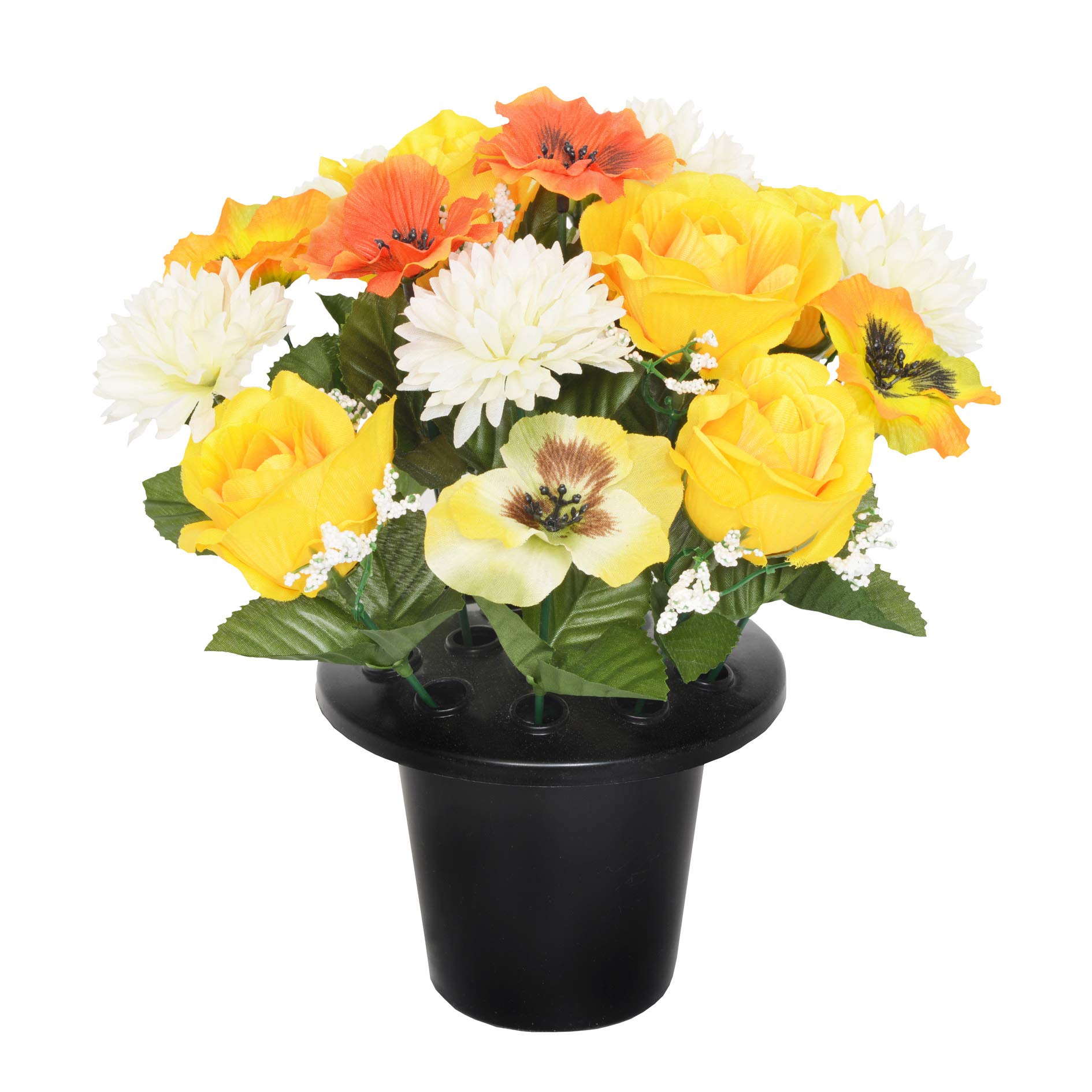 Everyday Floral ARTIFICIAL YELLOW PANSY CHRYSANTHEMUM & ROSE GRAVE POT WITH 16 FLOWERS - VASE INSERT MEMORIAL