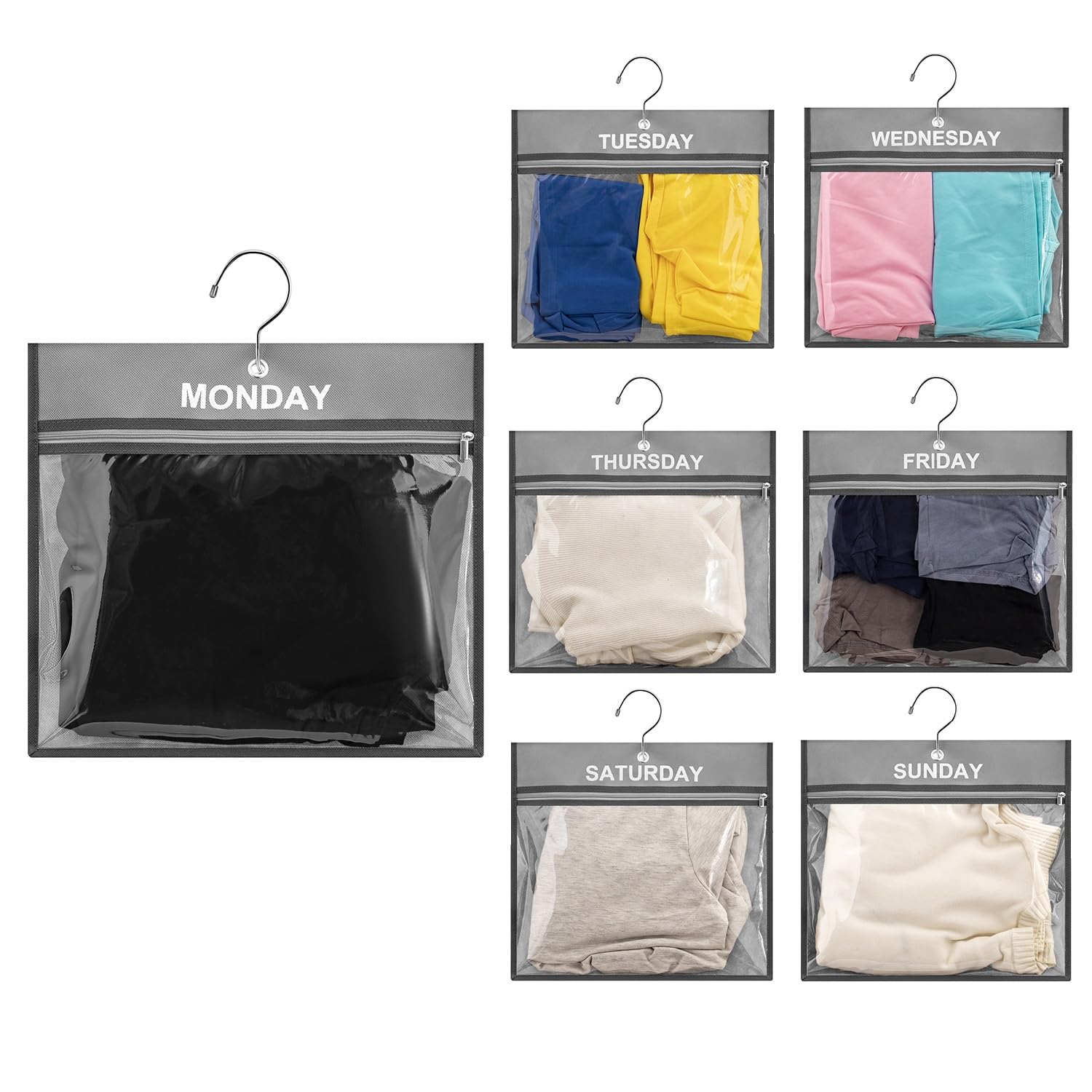 Photo 1 of TEMUORG 7 Pcs Weekly Travel Organizer Pouches Day of Week Clothing Packing Cubes Monday to Sunday School Clothes Organizer for Kids (Grey)