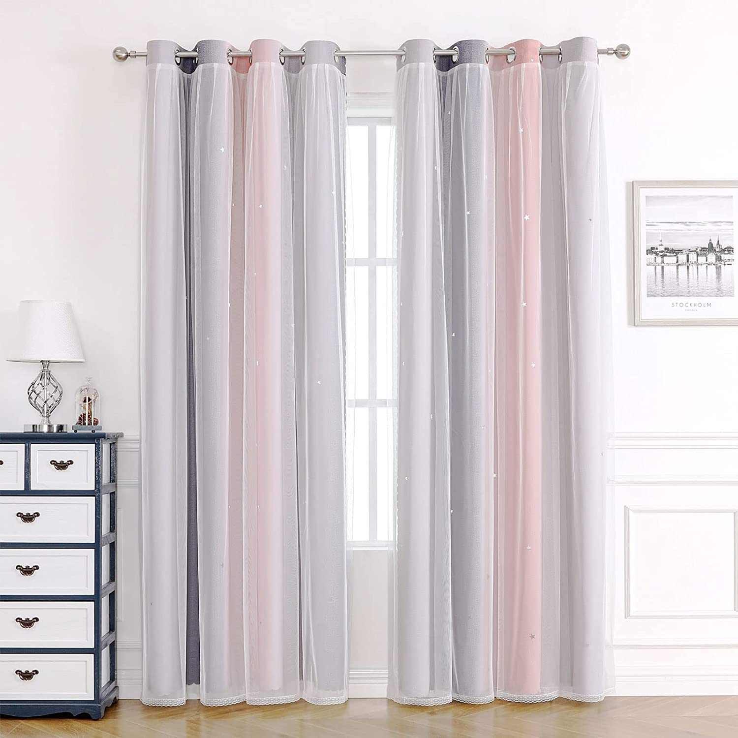 Blackout Curtains for Living Room Girls Nursery Kids Bedroom Eyelet,Soundproof Thermal Curtains for Winter,White Voile Net Curtains for Windows,2 Panel 52 x 84 inch Drop Pink Grey — image 1
