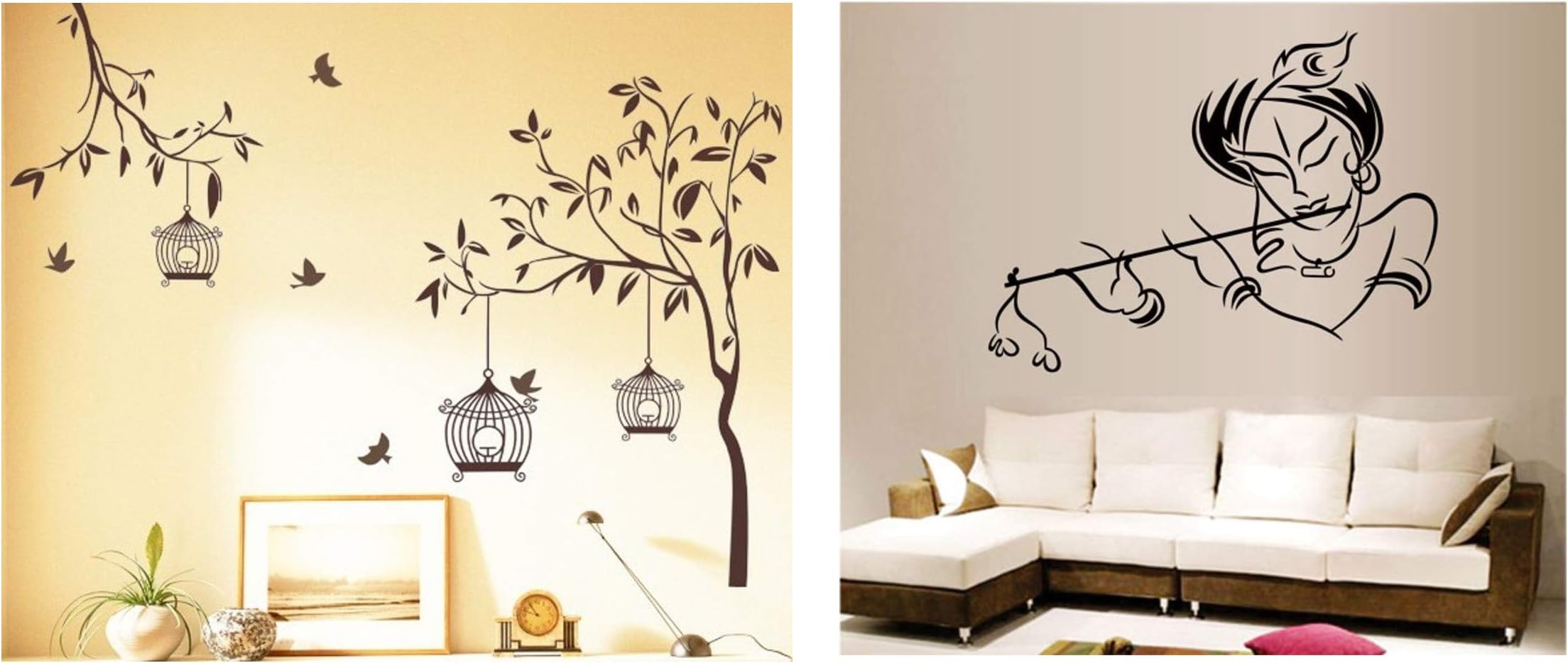 Decals Design 'Tree with Birds and Cages' Wall Sticker (PVC Vinyl, 30 cm x 90 cm, Brown) & 'Krishna' Wall Sticker (PVC Vinyl, 50 cm x 70 cm, Multicolour) Combo