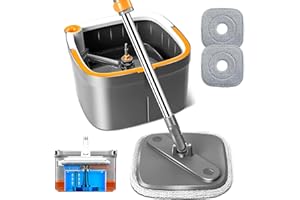 INWEJIA Spin Mop and Bucket Set with Self Separation System 360° Spinning Self-Wringing, Square Clean Mop and Bucket with Wringer-with Replaceable Mop Cloths-6Pads-Drak Gray
